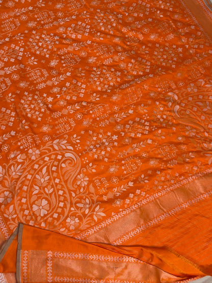 Orange Pure Banarasi Ektara Jamdani Silk Handwoven Saree
