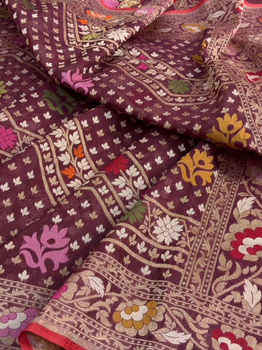 Coffee Brown Banarasi Kora Jamdani Silk Handwoven Saree