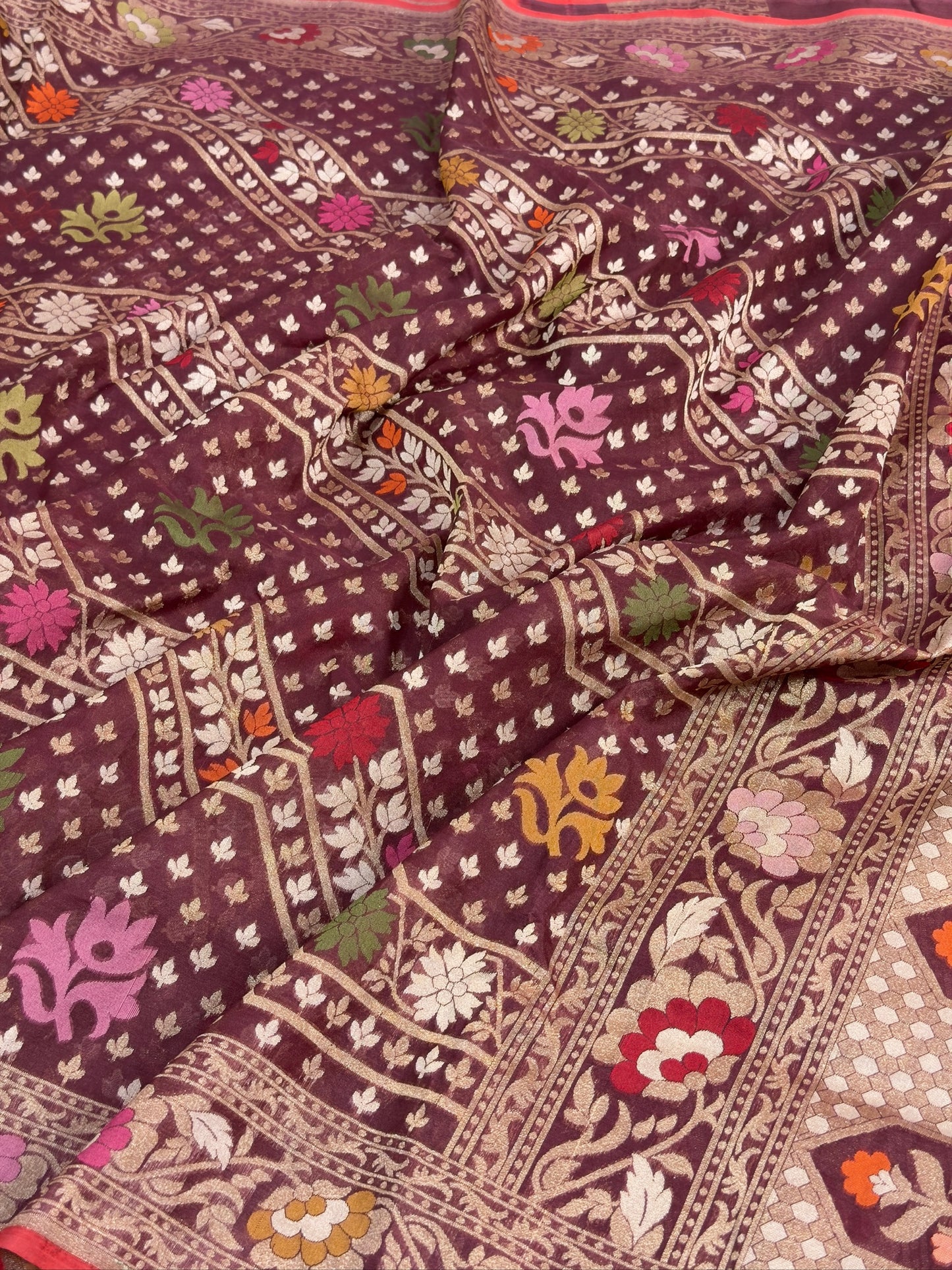 Coffee Brown Banarasi Kora Jamdani Silk Handwoven Saree