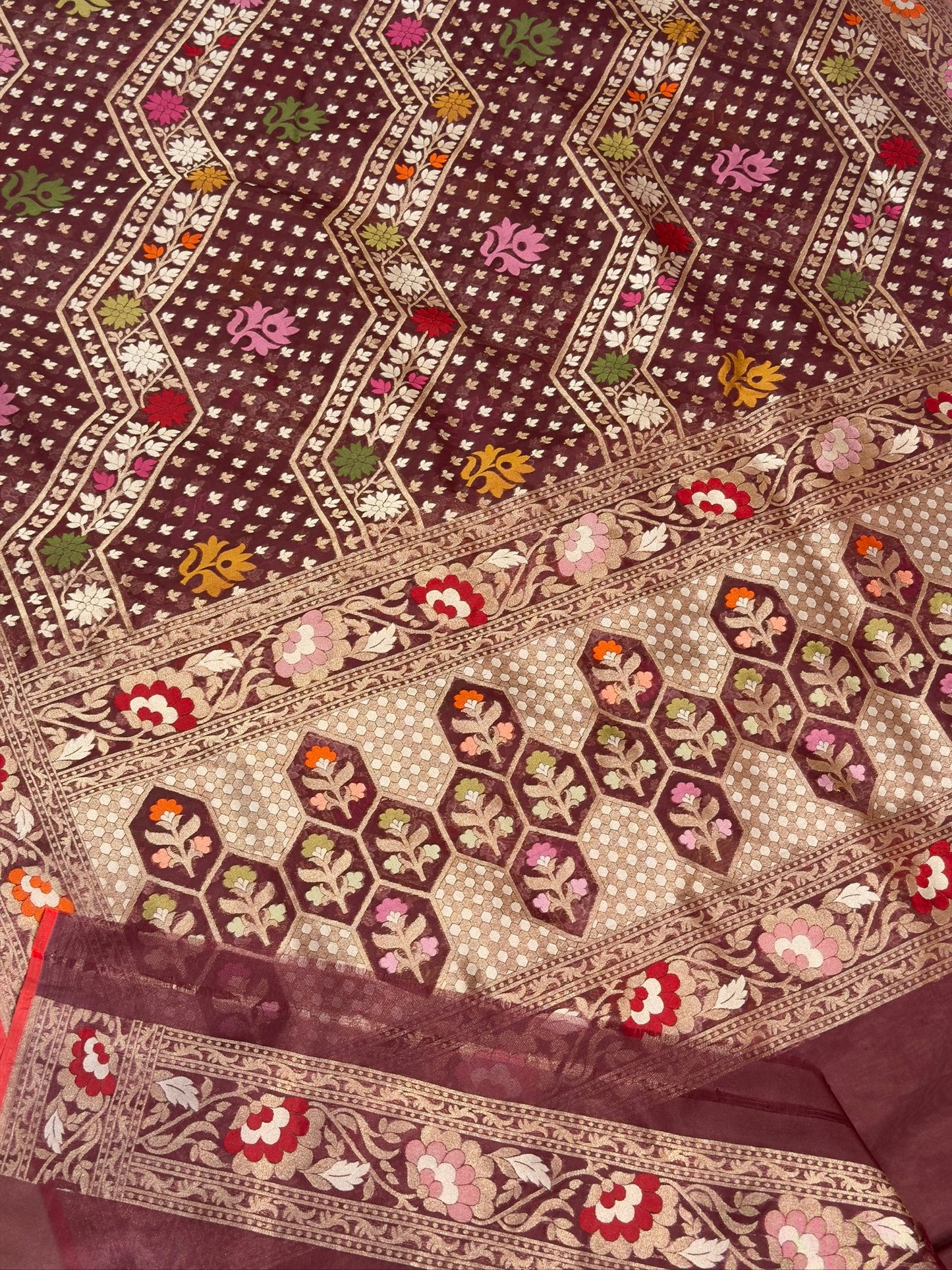 Coffee Brown Banarasi Kora Jamdani Silk Handwoven Saree
