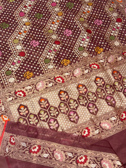 Coffee Brown Banarasi Kora Jamdani Silk Handwoven Saree