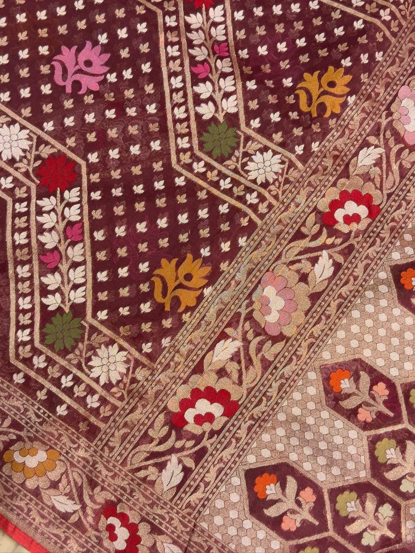Coffee Brown Banarasi Kora Jamdani Silk Handwoven Saree