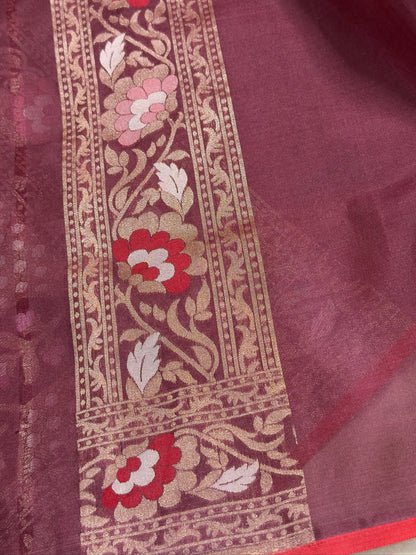 Coffee Brown Banarasi Kora Jamdani Silk Handwoven Saree
