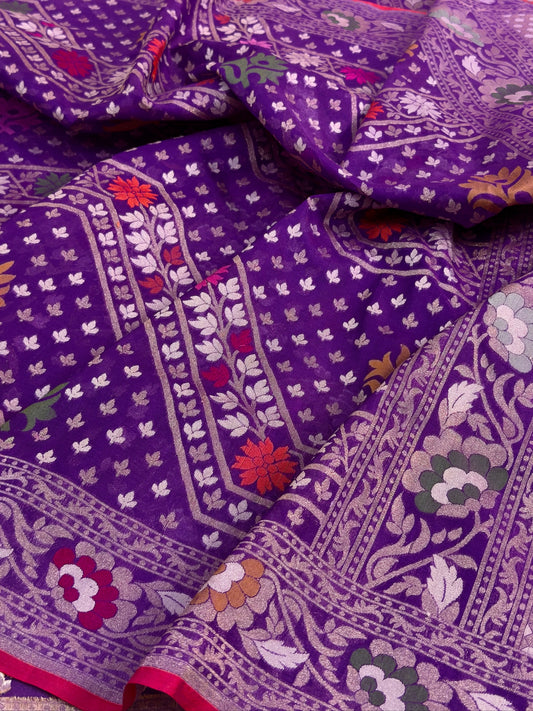 Purple Banarasi Kora Jamdani Silk Handwoven Saree