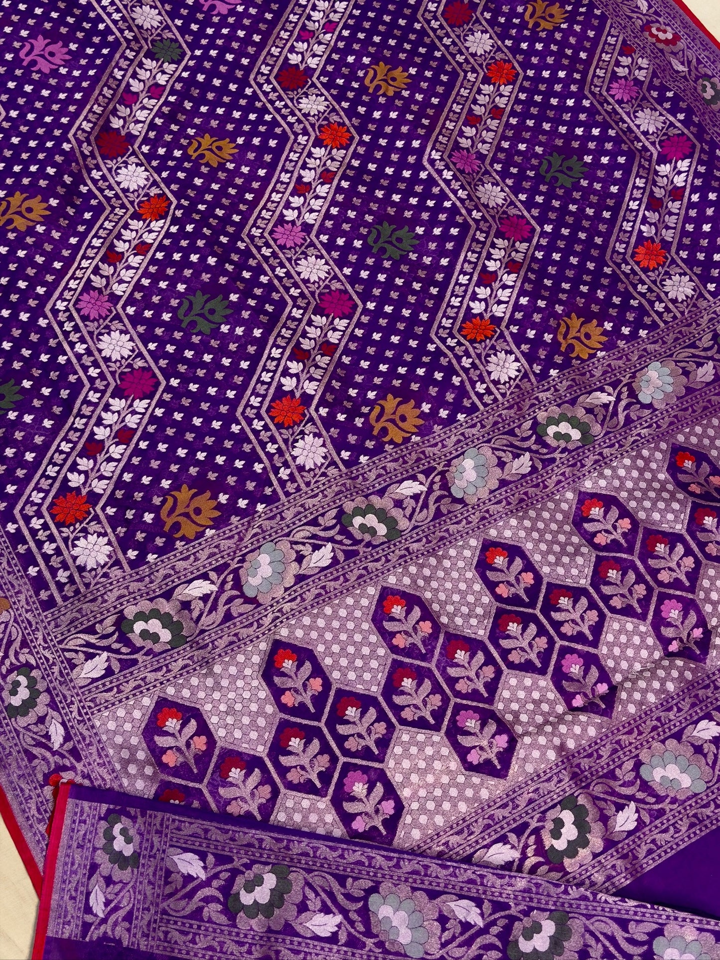 Purple Banarasi Kora Jamdani Silk Handwoven Saree