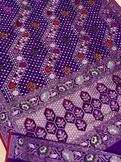 Purple Banarasi Kora Jamdani Silk Handwoven Saree