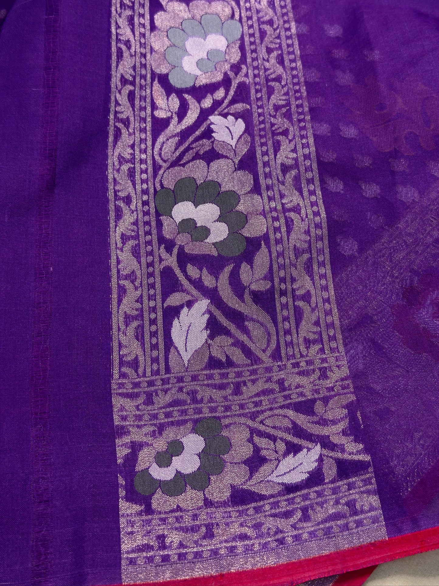 Purple Banarasi Kora Jamdani Silk Handwoven Saree
