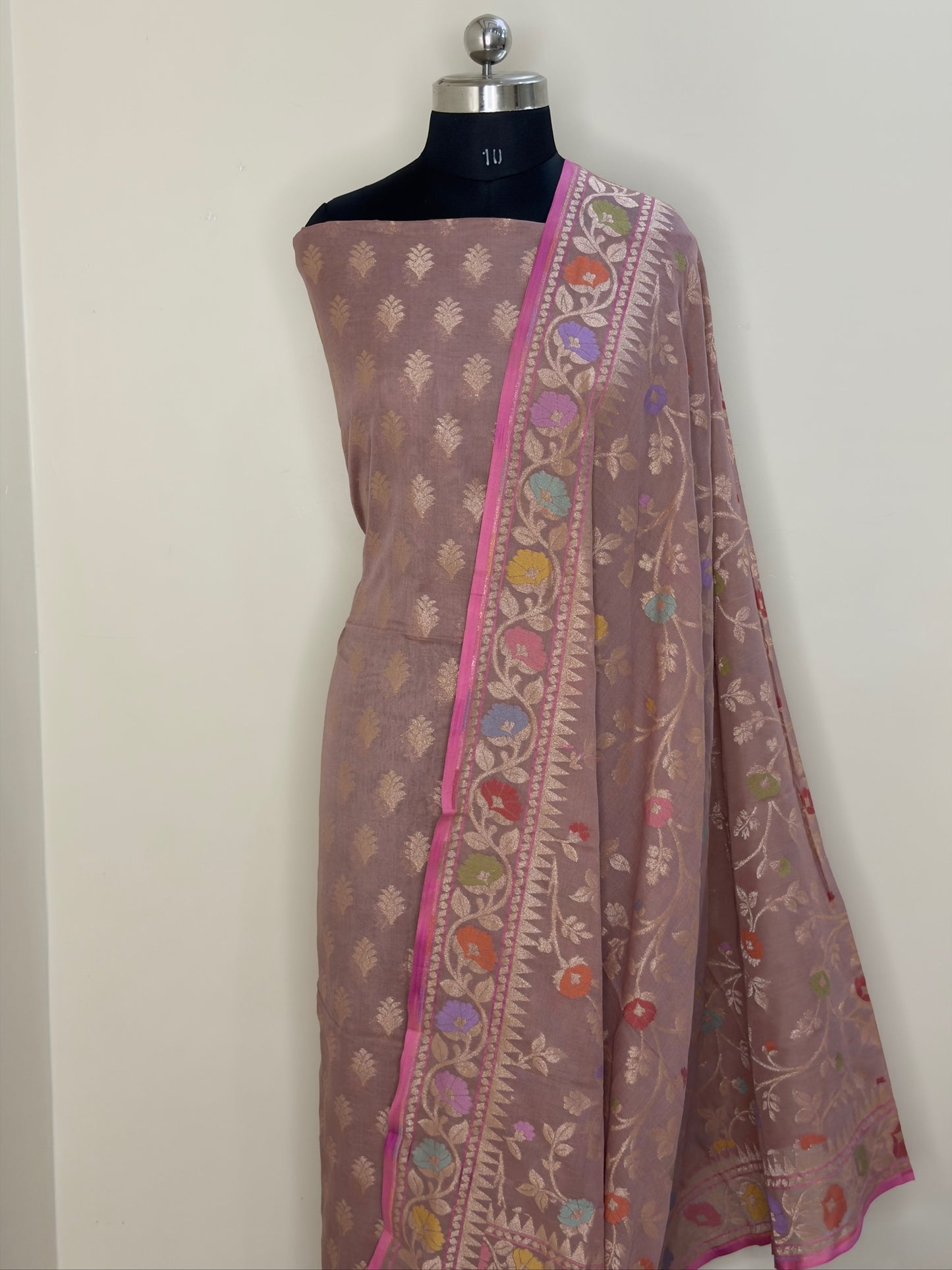 Mauve Pure Cotton Jamdani Silk  Suit Set with Dupatta