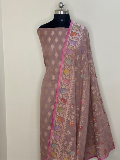 Mauve Pure Cotton Jamdani Silk  Suit Set with Dupatta