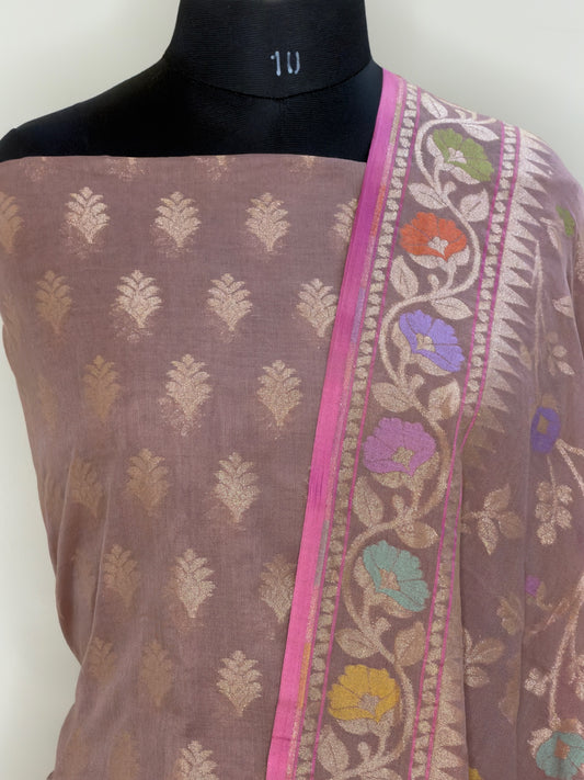 Mauve Pure Cotton Jamdani Silk  Suit Set with Dupatta