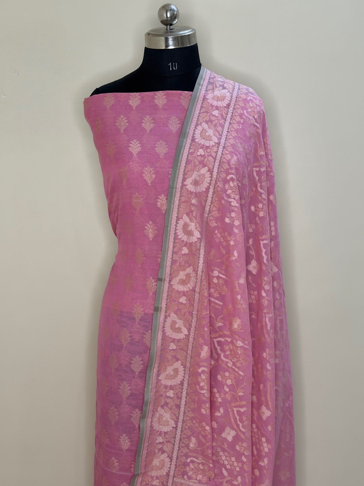 Baby Pink Pure Cotton Jamdani Silk  Suit Set with Dupatta