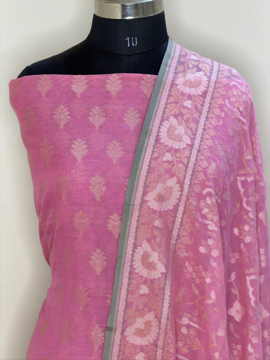 Baby Pink Pure Cotton Jamdani Silk  Suit Set with Dupatta