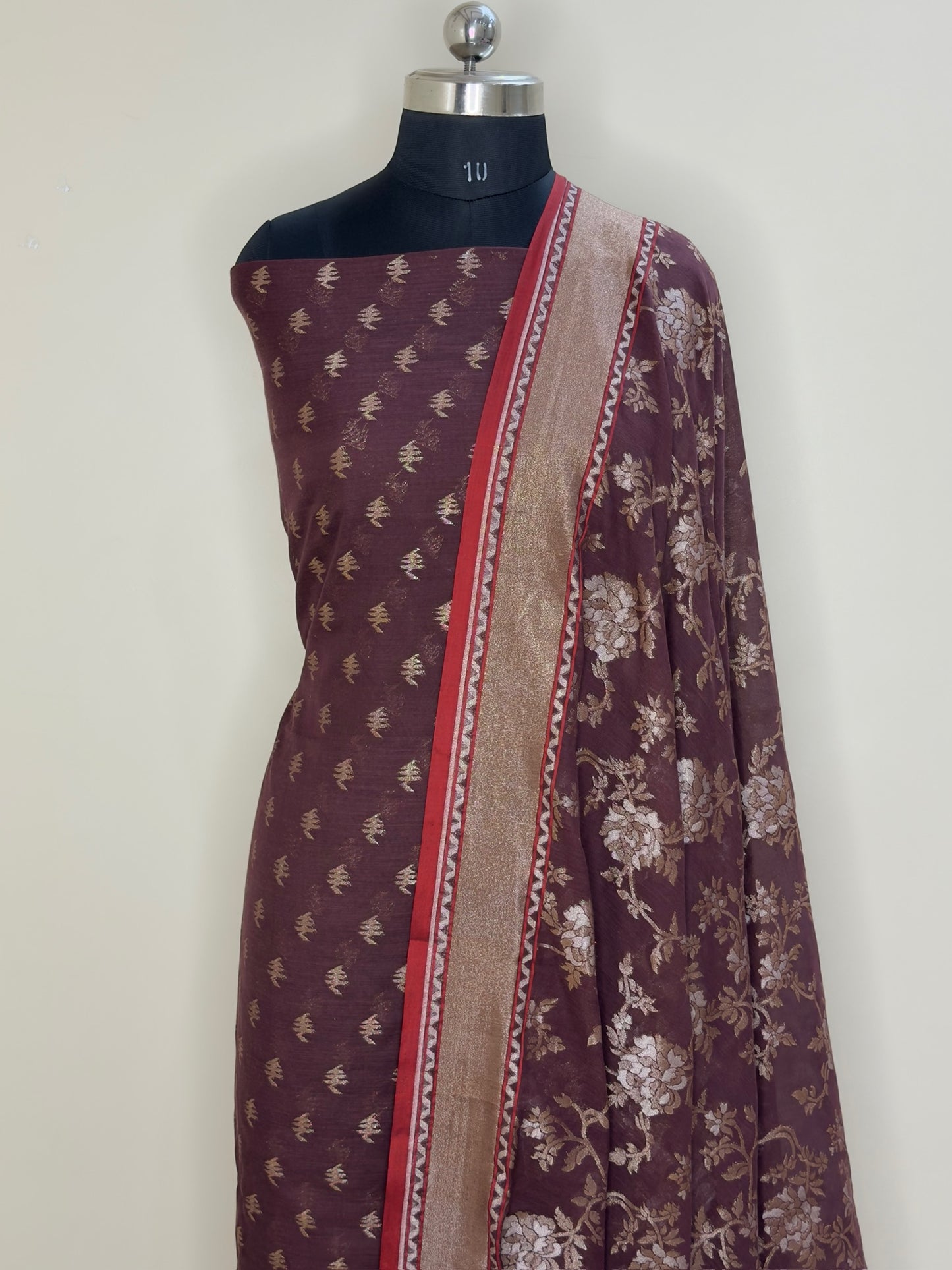 Coffee Brown Pure Cotton Jamdani Silk  Suit Set with Dupatta
