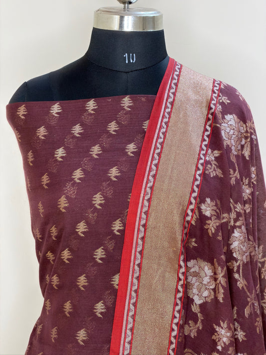 Coffee Brown Pure Cotton Jamdani Silk  Suit Set with Dupatta