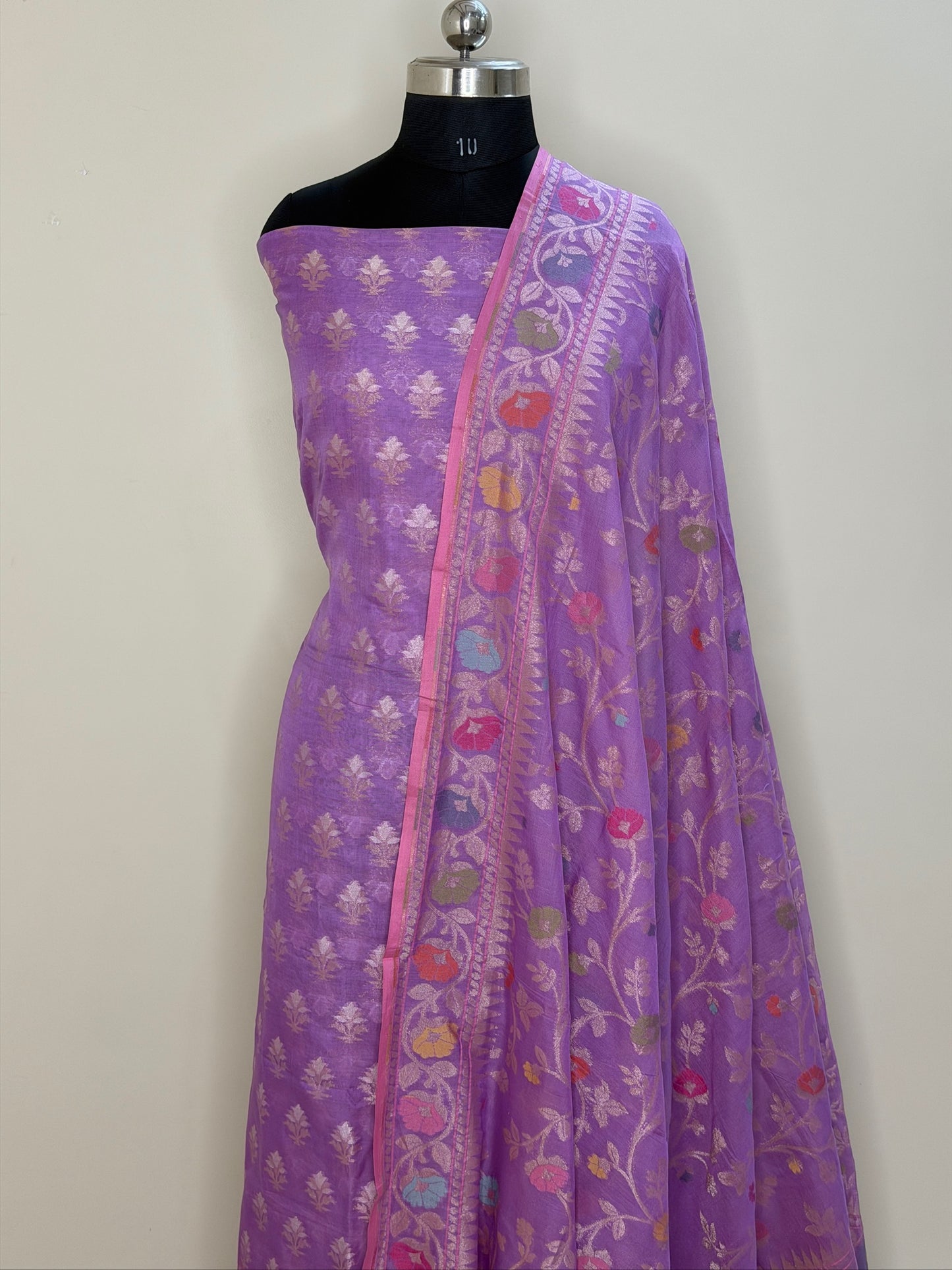 Lavender Pure Cotton Jamdani Silk  Suit Set with Dupatta