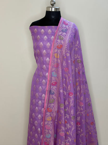 Lavender Pure Cotton Jamdani Silk  Suit Set with Dupatta