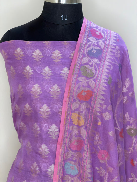 Lavender Pure Cotton Jamdani Silk  Suit Set with Dupatta