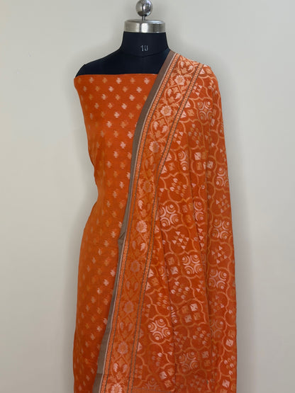 Orange Pure Cotton Jamdani Silk  Suit Set with Dupatta