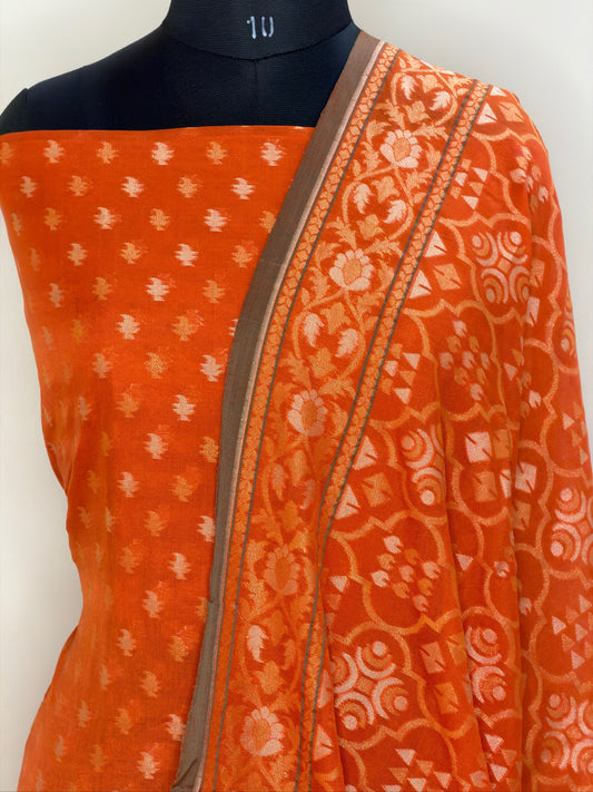 Orange Pure Cotton Jamdani Silk  Suit Set with Dupatta