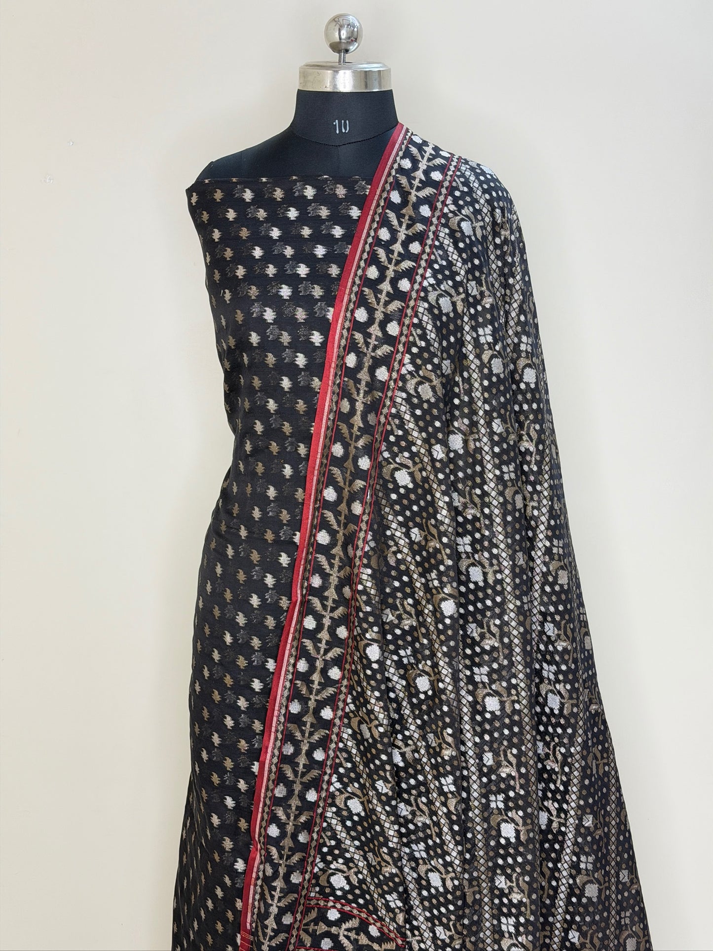 Black Pure Cotton Jamdani Silk  Suit Set with Dupatta