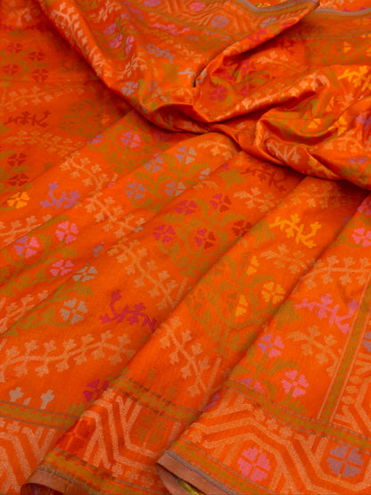 Orange Pure Banarasi Ektara Jamdani Silk Handwoven Saree