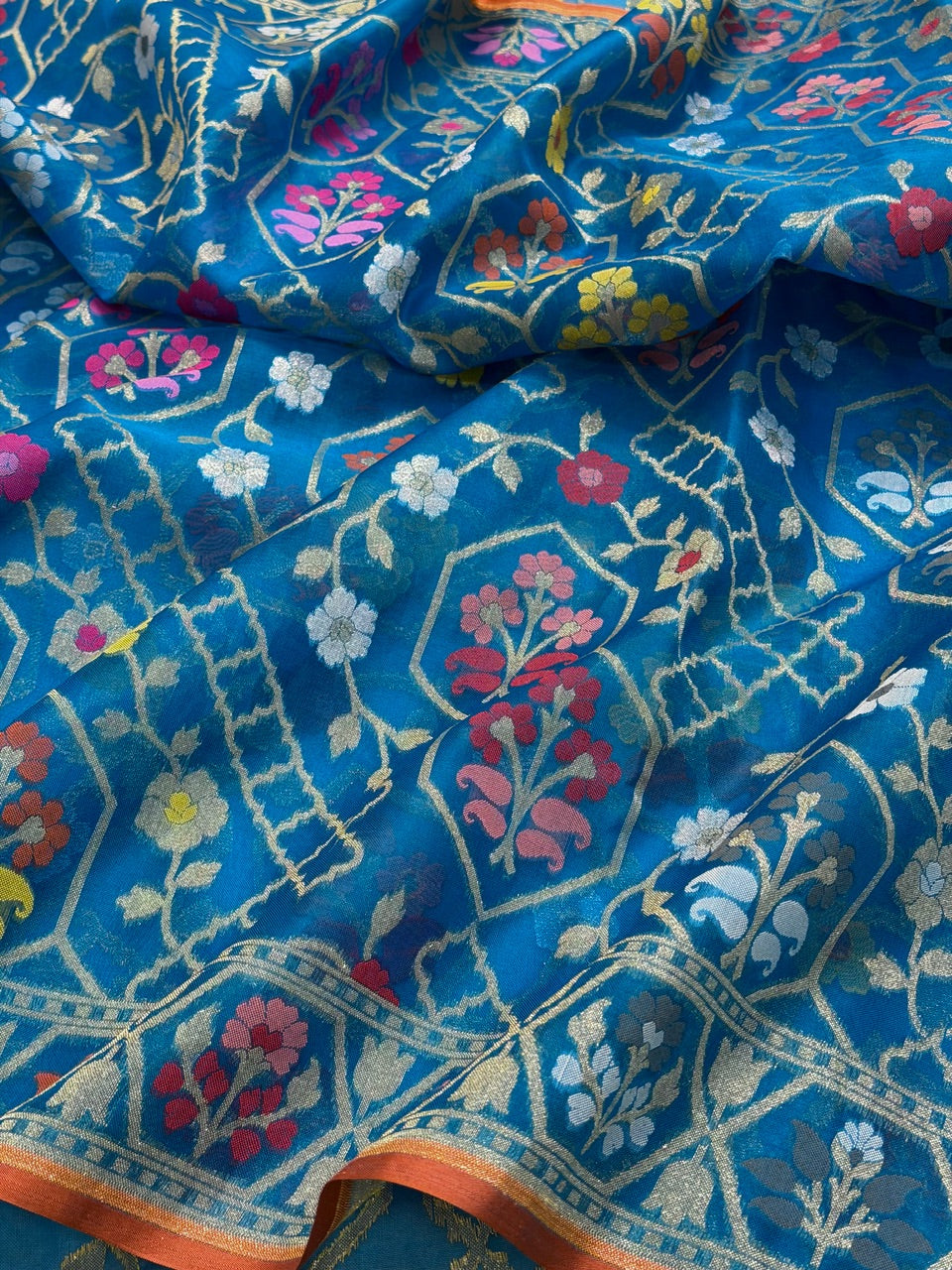 Royal Teal Banarasi Kora Jamdani Silk Handwoven Saree