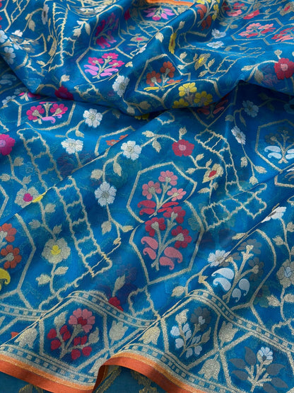 Royal Teal Banarasi Kora Jamdani Silk Handwoven Saree