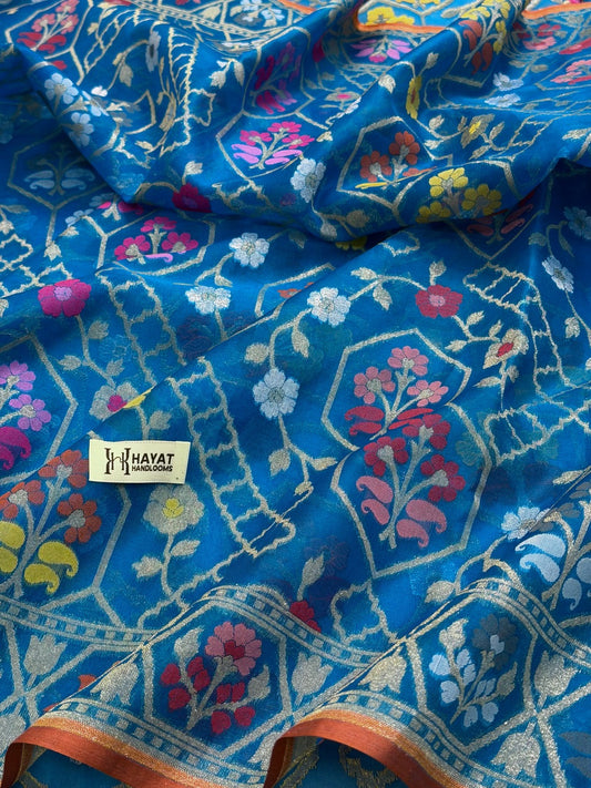 Royal Teal Banarasi Kora Jamdani Silk Handwoven Saree