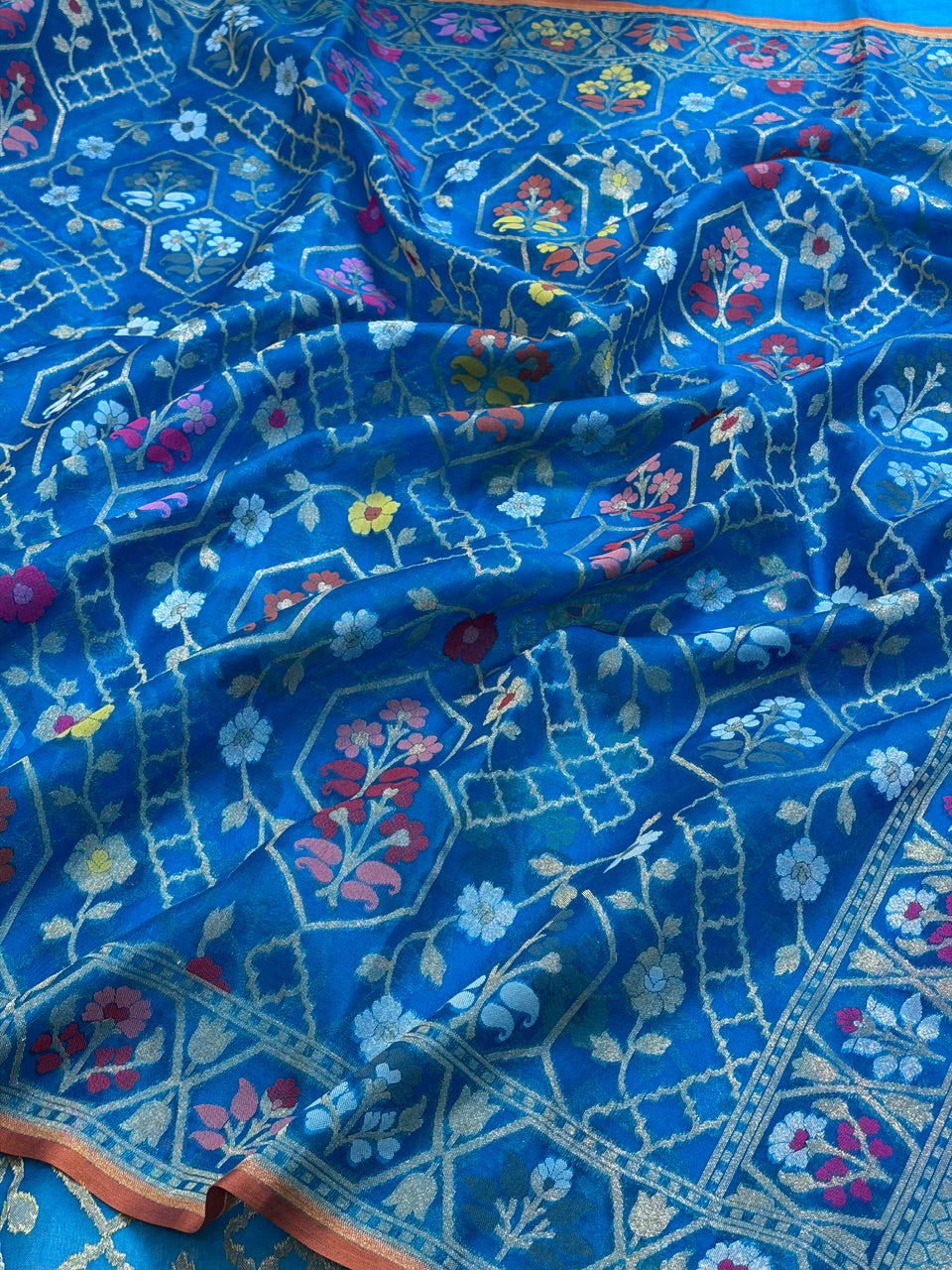 Royal Teal Banarasi Kora Jamdani Silk Handwoven Saree