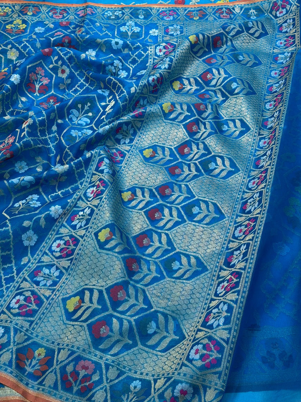 Royal Teal Banarasi Kora Jamdani Silk Handwoven Saree