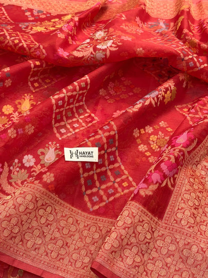 Organge Banarasi Kora Jamdani Silk Handwoven Saree