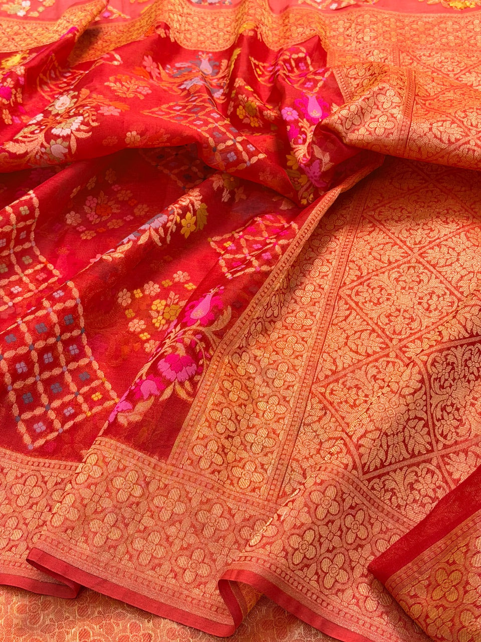 Organge Banarasi Kora Jamdani Silk Handwoven Saree