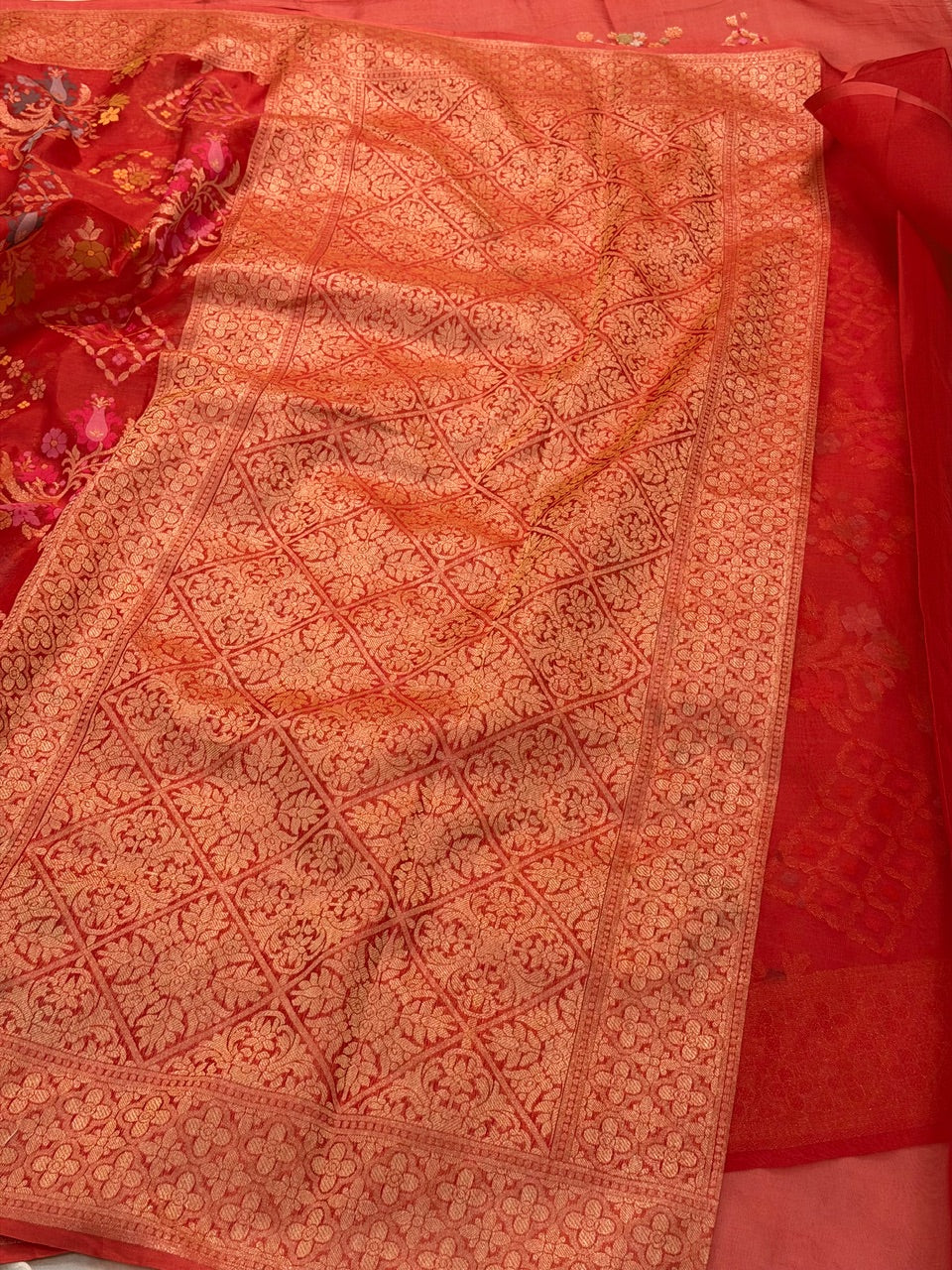 Organge Banarasi Kora Jamdani Silk Handwoven Saree