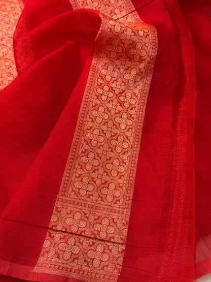 Organge Banarasi Kora Jamdani Silk Handwoven Saree