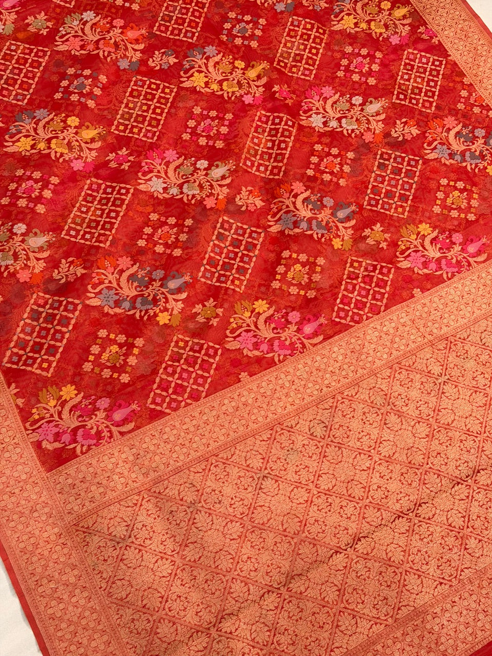 Organge Banarasi Kora Jamdani Silk Handwoven Saree