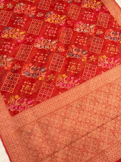 Organge Banarasi Kora Jamdani Silk Handwoven Saree