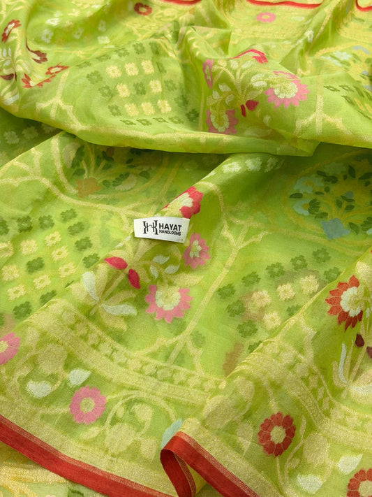 Pista Greren Banarasi Kora Jamdani Silk Handwoven Saree