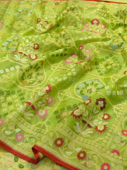 Pista Greren Banarasi Kora Jamdani Silk Handwoven Saree