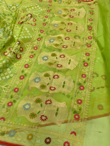 Pista Greren Banarasi Kora Jamdani Silk Handwoven Saree