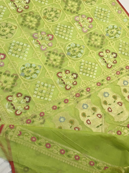 Pista Greren Banarasi Kora Jamdani Silk Handwoven Saree