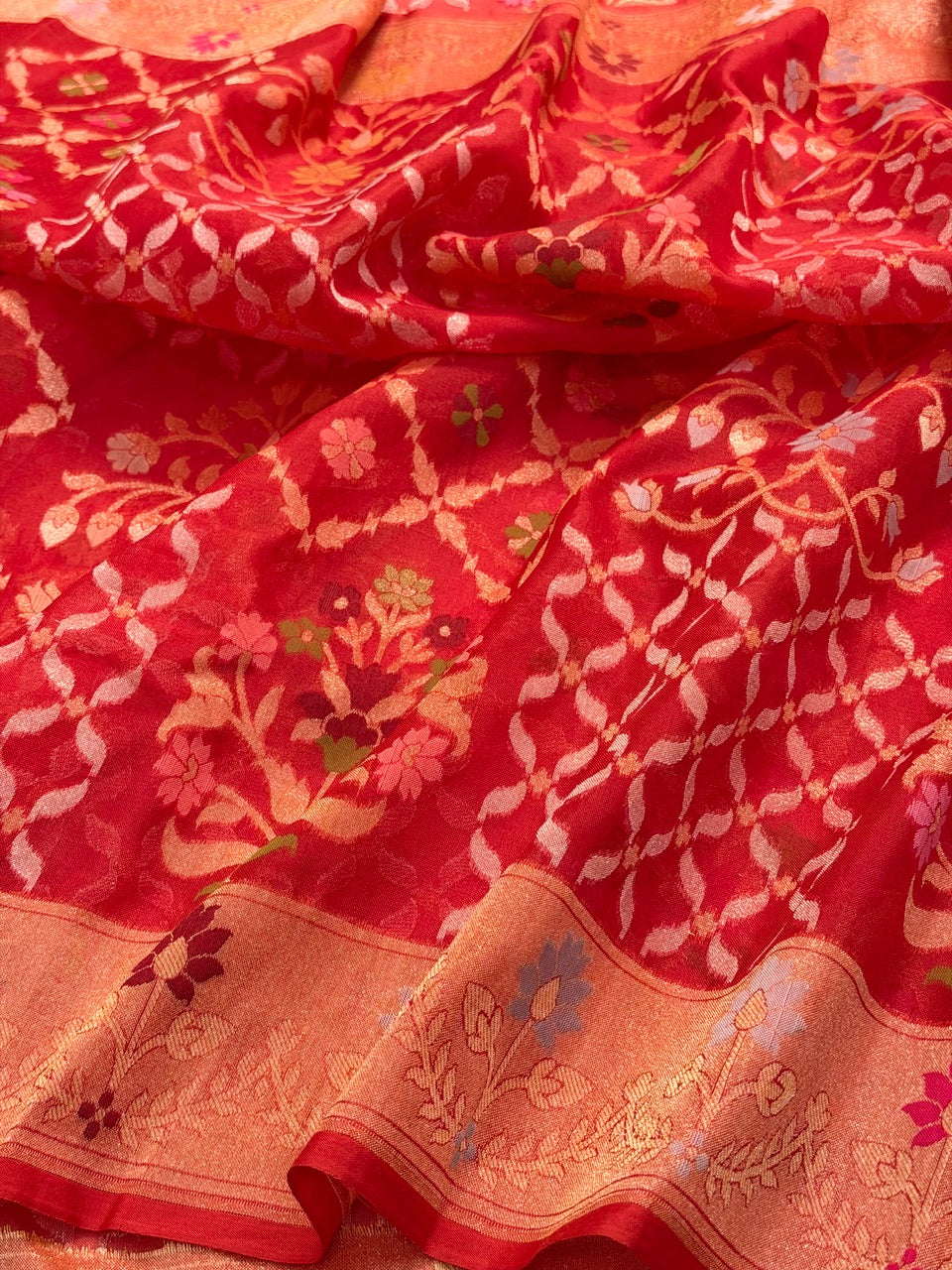 Red Banarasi Kora Jamdani Silk Handwoven Saree