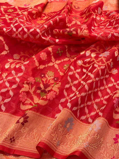 Red Banarasi Kora Jamdani Silk Handwoven Saree