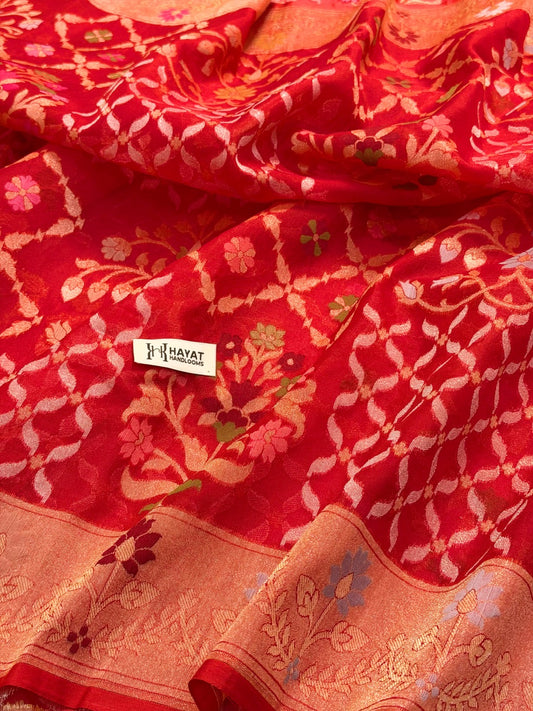 Red Banarasi Kora Jamdani Silk Handwoven Saree