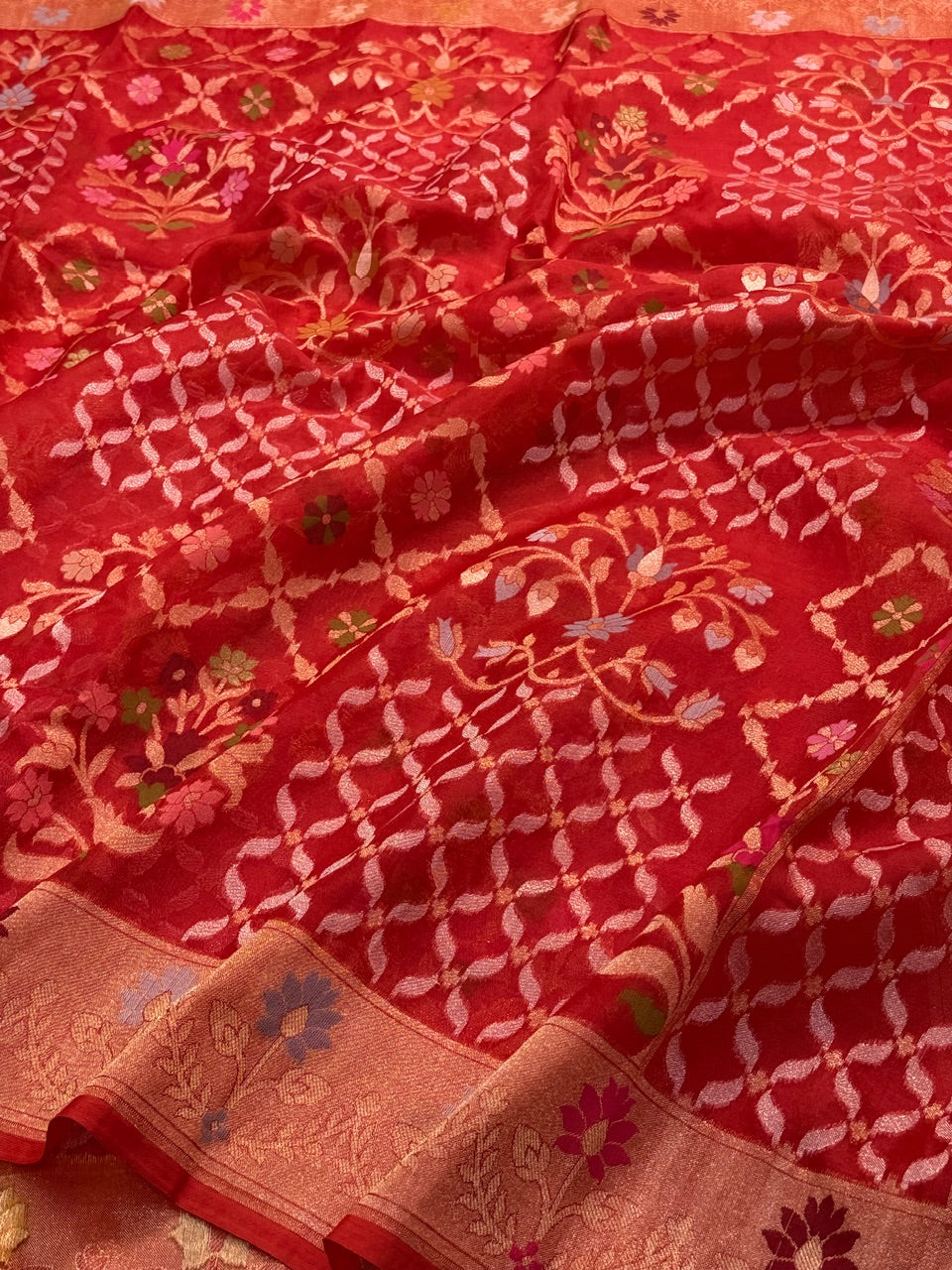 Red Banarasi Kora Jamdani Silk Handwoven Saree