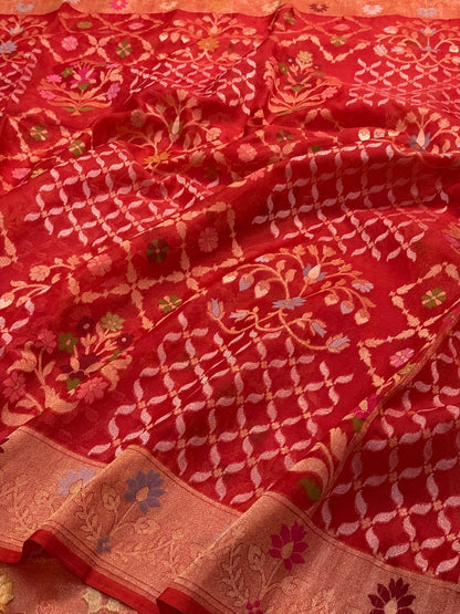 Red Banarasi Kora Jamdani Silk Handwoven Saree