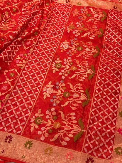 Red Banarasi Kora Jamdani Silk Handwoven Saree