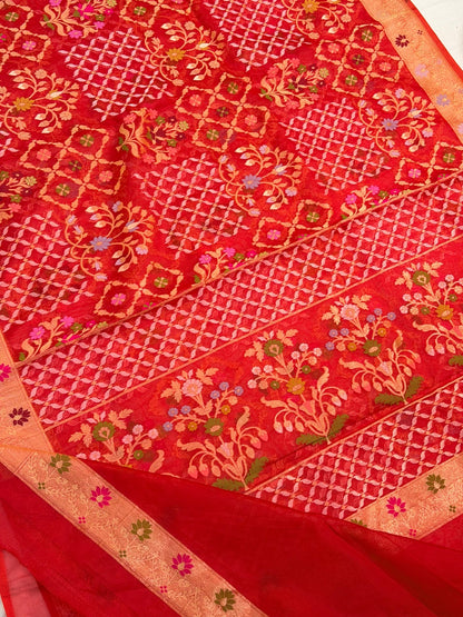 Red Banarasi Kora Jamdani Silk Handwoven Saree