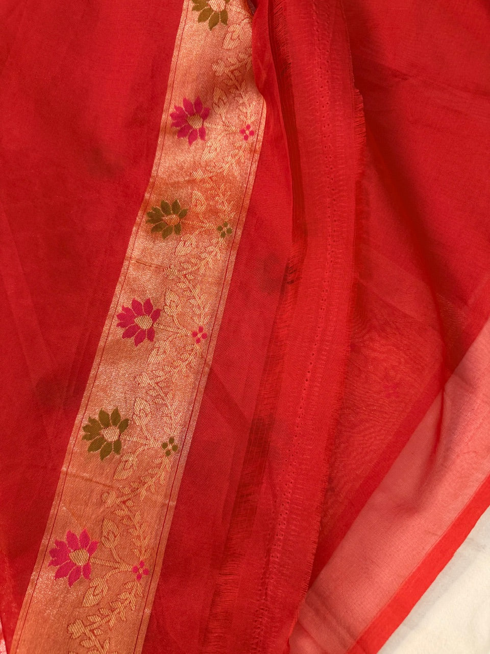 Red Banarasi Kora Jamdani Silk Handwoven Saree