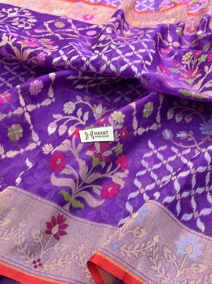 Purple Banarasi Kora Jamdani Silk Handwoven Saree