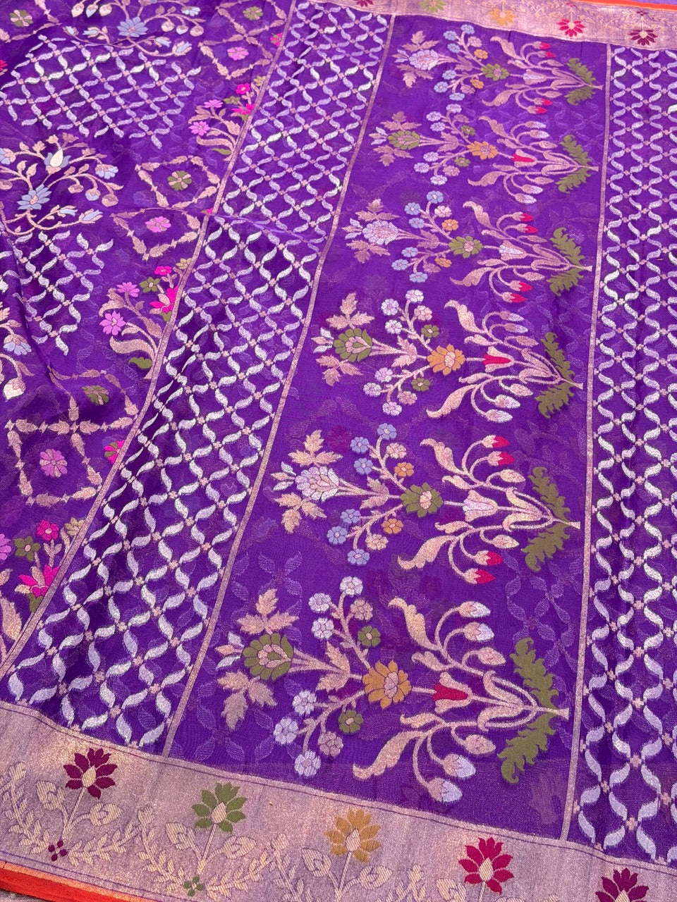 Purple Banarasi Kora Jamdani Silk Handwoven Saree